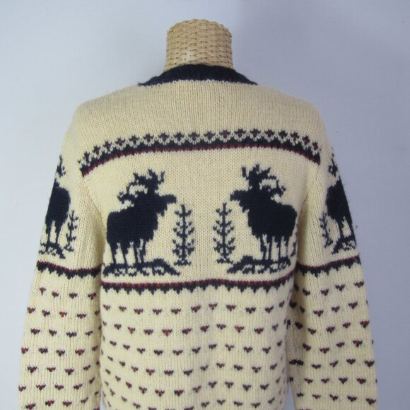 J Crew Womens Small Ivory Red Navy Reindeer Wool LS Sweater Crew Neck Hand Knit - Picture 7 of 11